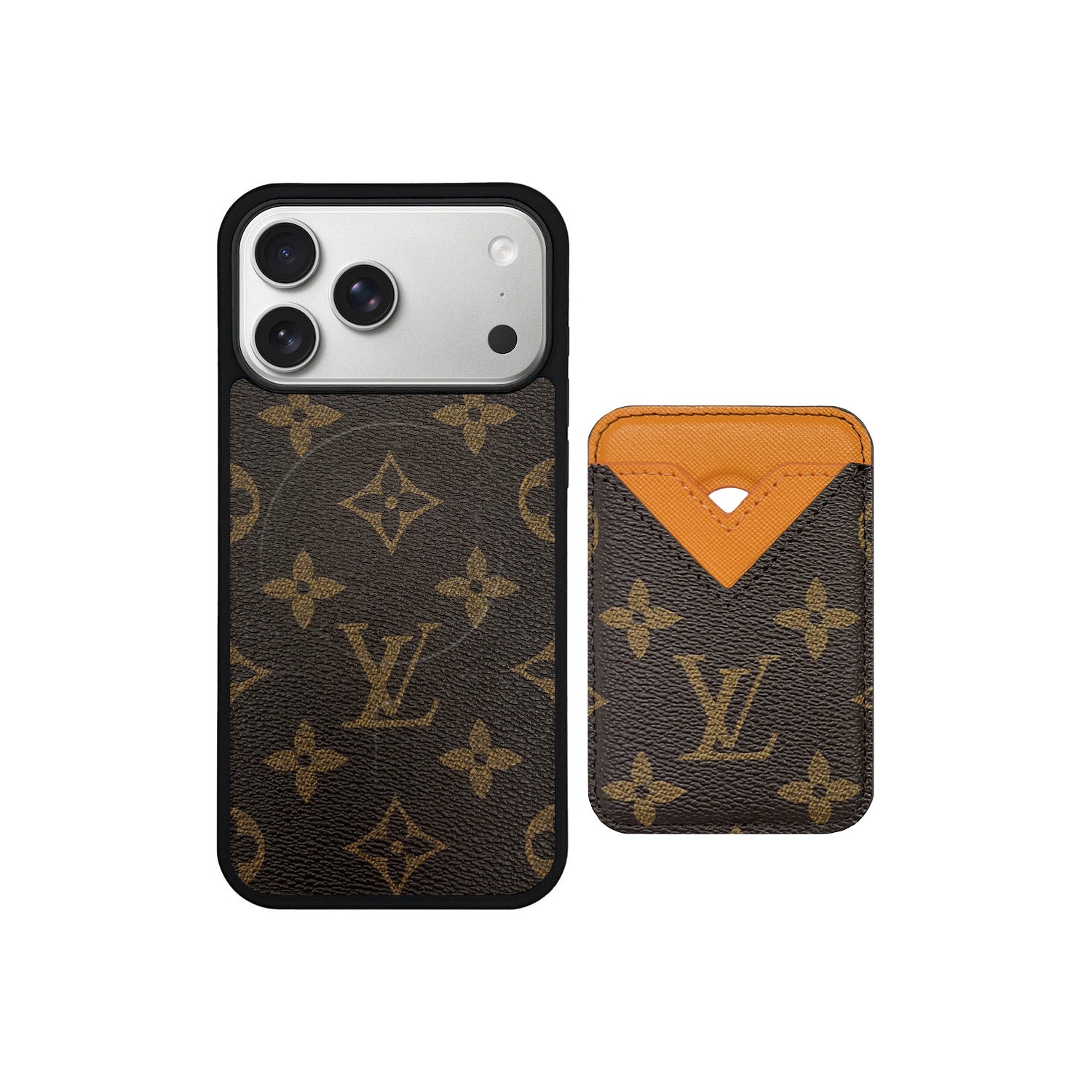 SET MAGSAFE CARDHOLDER L BROWN WITH ORANGE MONOGRAM