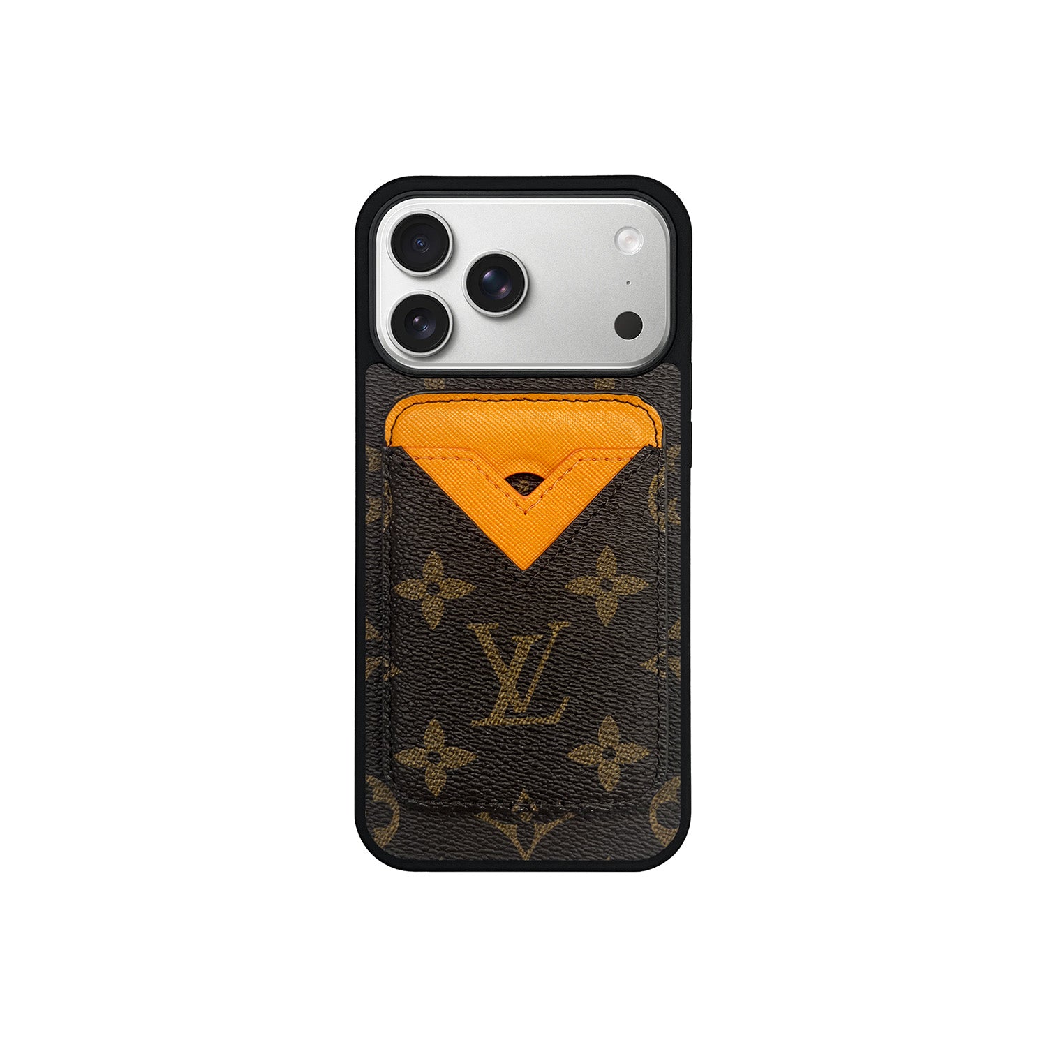 SET MAGSAFE CARDHOLDER L BROWN WITH ORANGE MONOGRAM